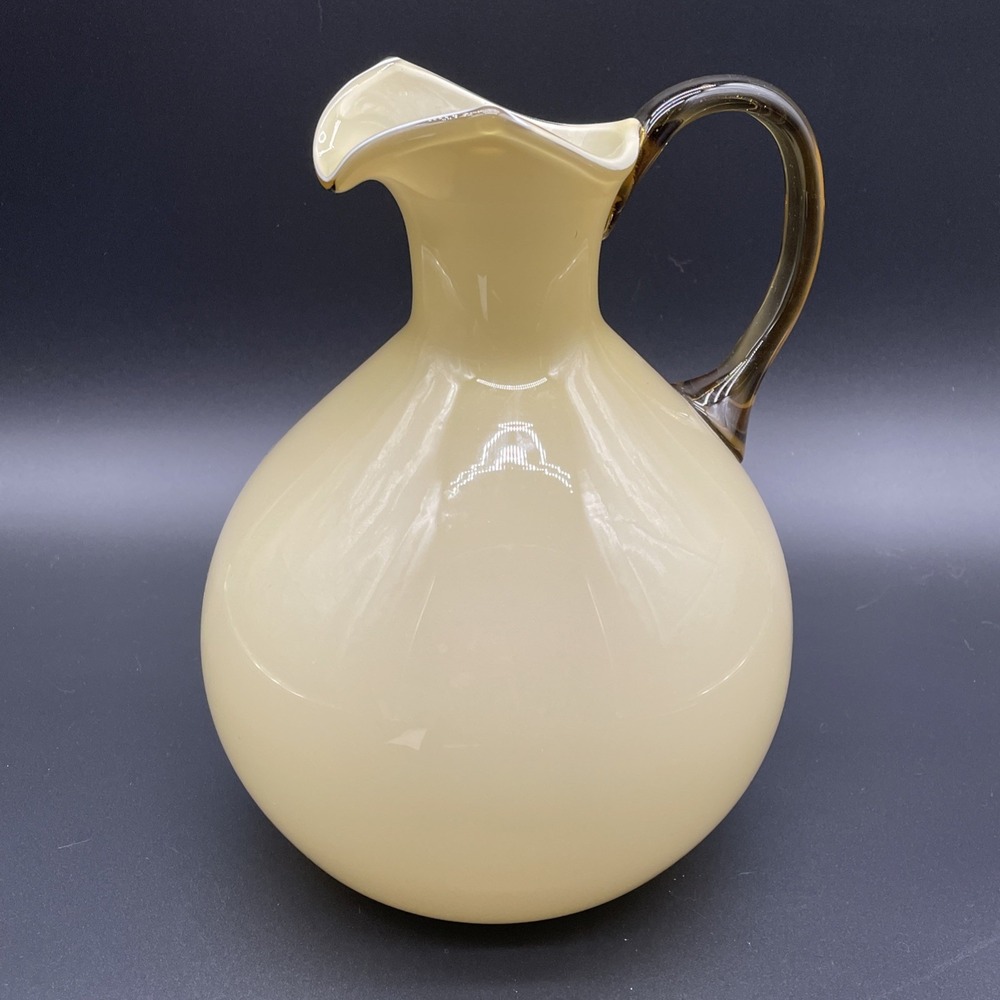 Hand Blown 10" Cased Opaline Art Glass Pitcher Alabaster Body Applied Handle